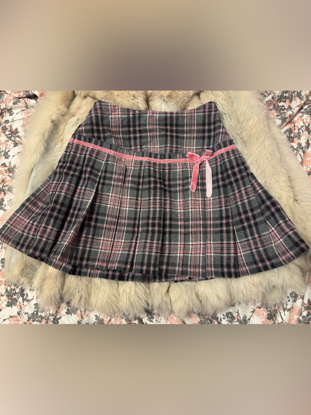 SHOUJO GIRL Plaid Pink and Gray Pleated Mini Skirt with Bow Waist 26 Inch